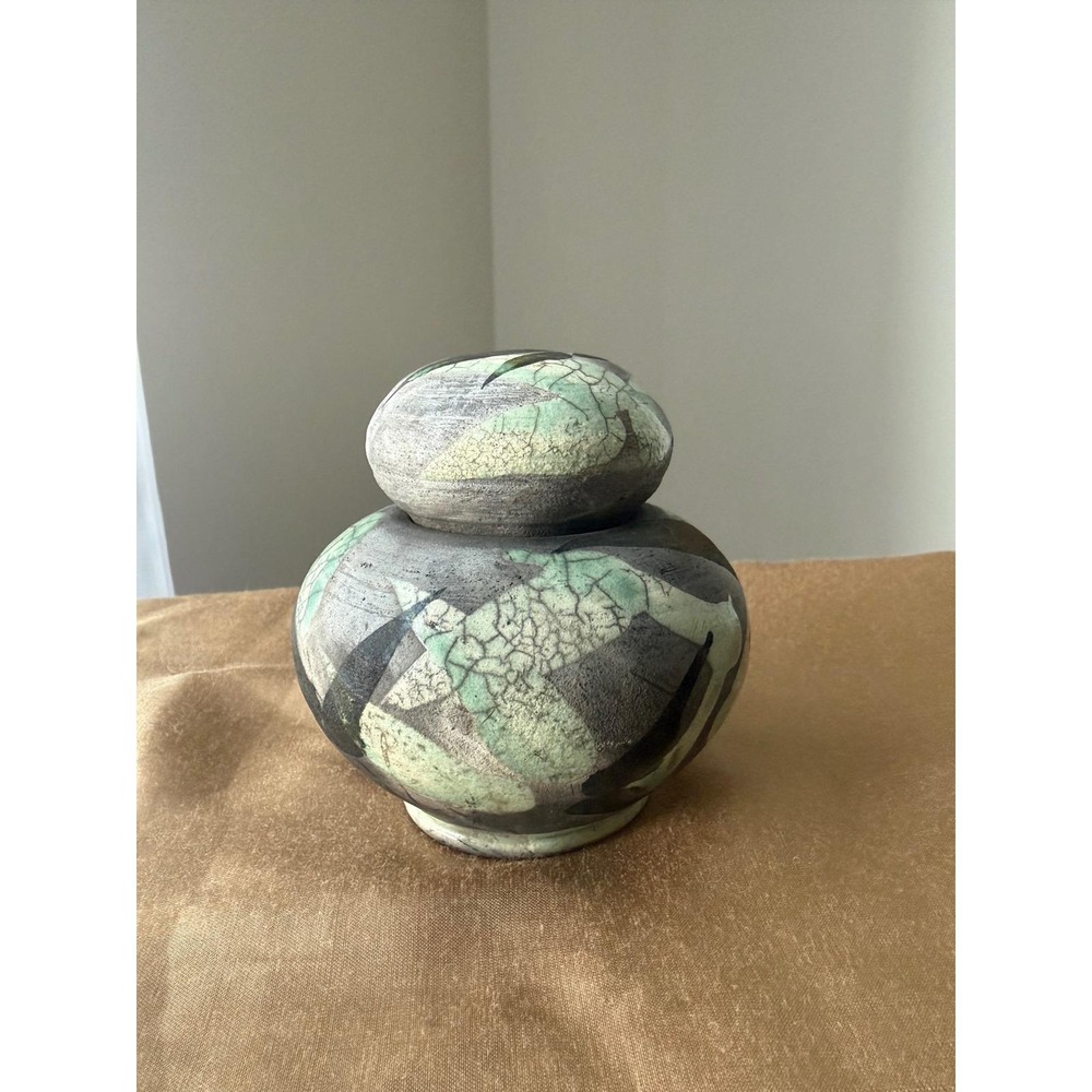 Lynn Dee Studio Pottery Raku Lidded Jar Green Grey Abstract Leaf Signed Art Ware